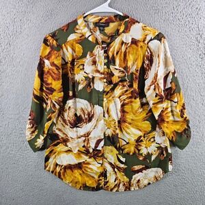 Cocomo Womens Small Floral Blouse Olive Green Yellow 3/4 Tab Sleeve Button Front